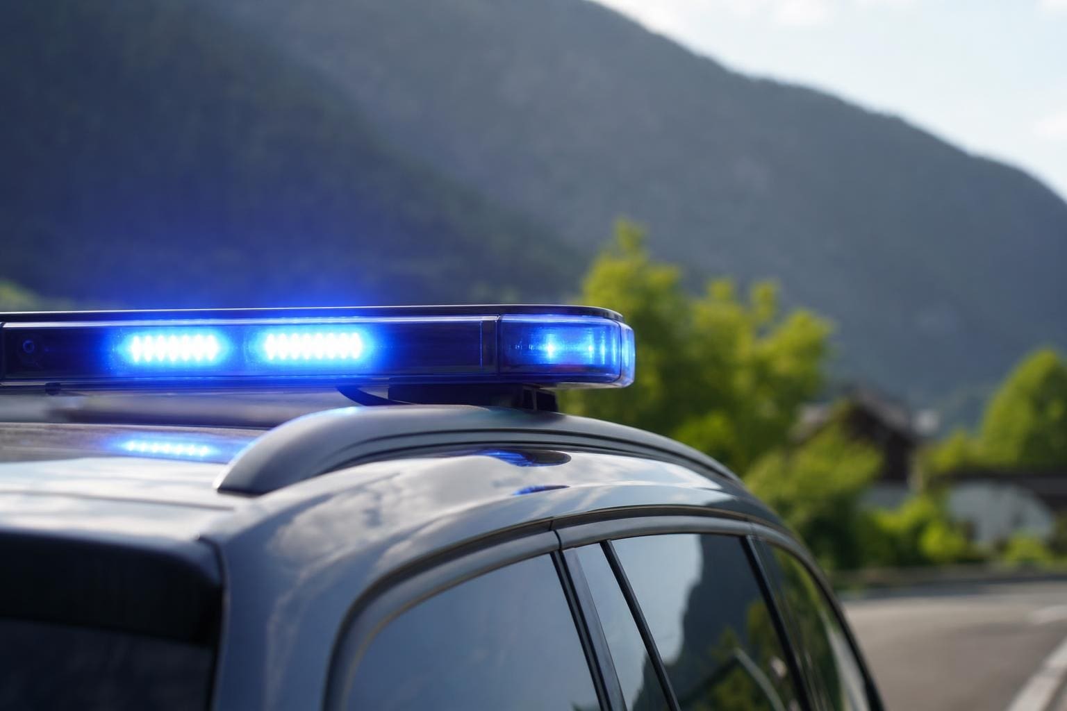 Blaulicht leuchtet auf dem Dach eines Polizeifahrzeugs vor einer Bergkulisse.