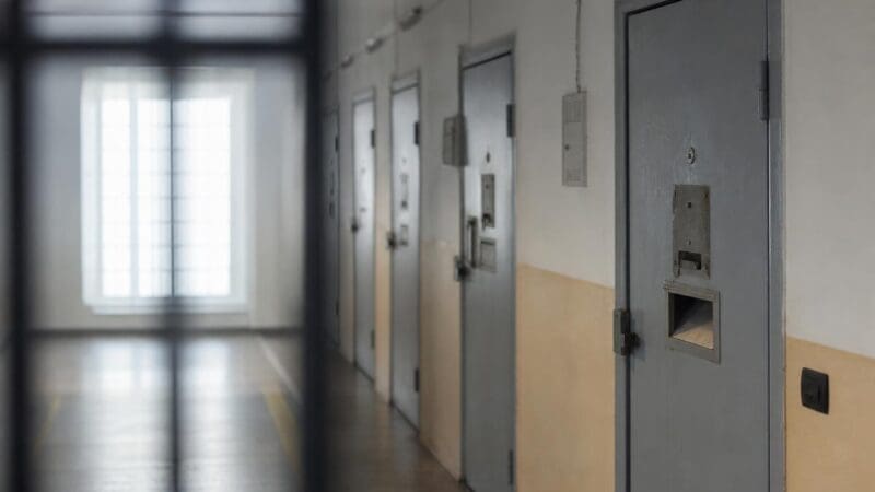 Langer Flur in einer Justizanstalt mit mehreren grauen Metalltüren und Gitterstäben im Vordergrund