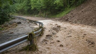 Überflutete Straße mit braunem Schlammwasser, Leitplanken mit Ästen und Steinen bedeckt, bewaldeter Hang im Hintergrund