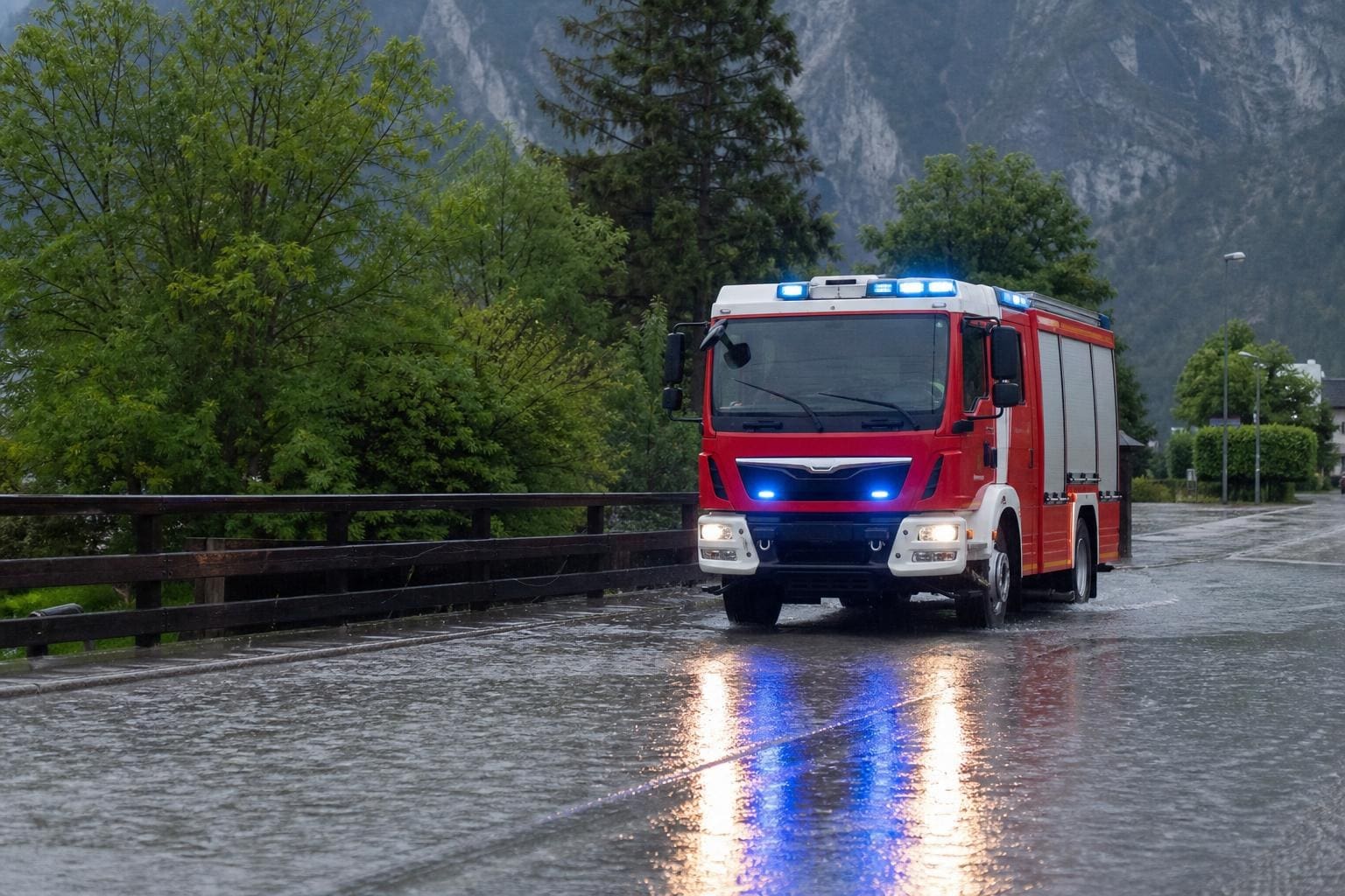 Rotes Feuerwehrauto mit Blaulicht fährt durch Wasser auf einer Straße