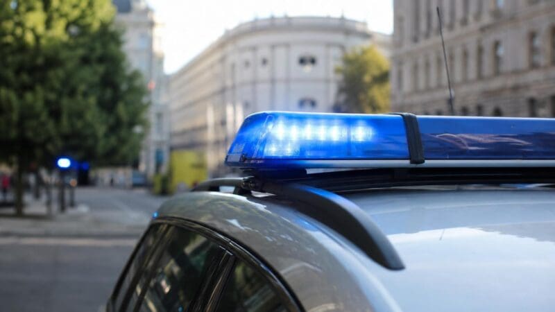 Nahaufnahme eines blauen Blaulichts auf dem Dach eines grauen Polizeifahrzeugs vor unscharfen Gebäuden und Bäumen