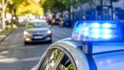 Blaues Blaulicht auf dem Dach eines Polizeifahrzeugs mit einem Auto im Hintergrund