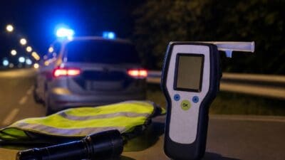 Ein Alkoholtestgerät mit Mundstück liegt neben einer Taschenlampe und einer Warnweste vor einem Polizeiauto mit Blaulicht bei Nacht