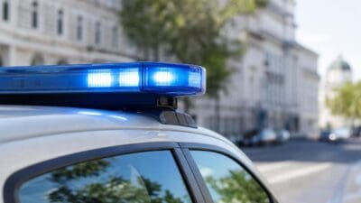 Blaues Blaulicht auf dem Dach eines Polizeifahrzeugs vor unscharfen Gebäuden