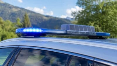 Blaues Blaulicht leuchtet auf dem Dach eines Polizeifahrzeugs vor einer Berglandschaft