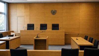 Leerer Gerichtssaal mit hölzerner Richterbank, drei schwarzen Sesseln und österreichischem Adler an der Wand