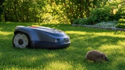 Grauer Mähroboter auf grünem Rasen neben einem Igel im Garten