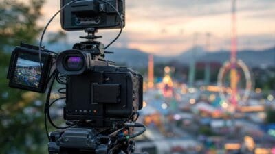 Professionelle Videokamera filmt ein beleuchtetes Volksfest mit Riesenrad bei Dämmerung.
