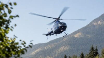 Dunkelblauer Polizeihubschrauber fliegt über bewaldeten Bergen in Kärnten