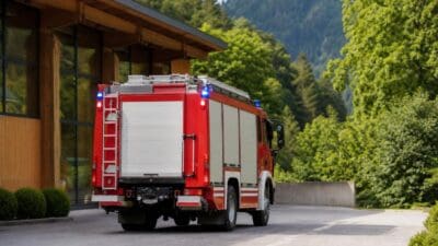 Rotes Feuerwehrfahrzeug mit Blaulicht vor einem Holzgebäude in bergiger Umgebung