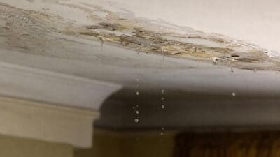 Wasser tropft von einer abblätternden und beschädigten Decke in einem Raum.