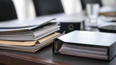 Mehrere Stapel von Dokumenten und schwarzen Ordnern auf einem dunklen Konferenztisch in einem Besprechungsraum
