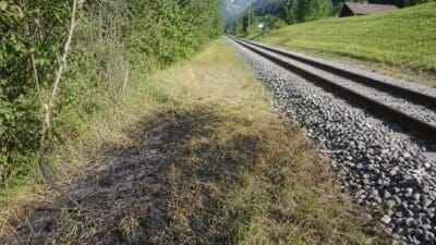 Schwarze Brandspur auf Wiese neben Bahngleisen mit bewaldeten Bergen im Hintergrund