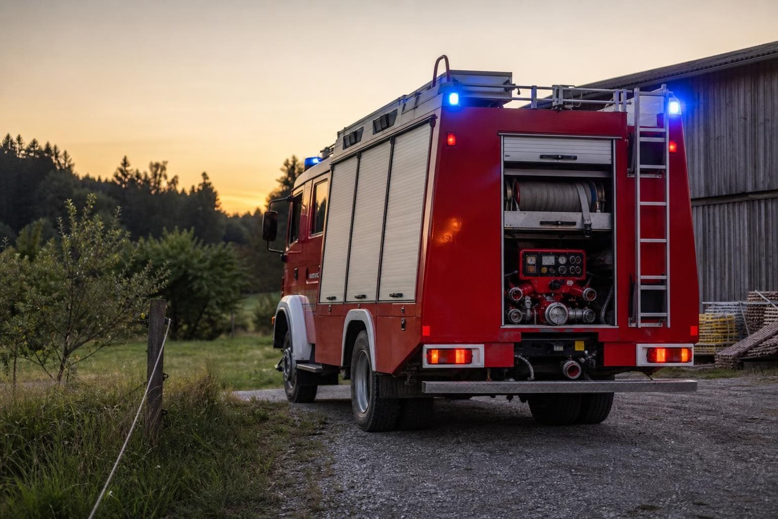 Heck eines roten Feuerwehrfahrzeugs mit offenen Abteilen und blauen Blinklichtern auf einem Feldweg.