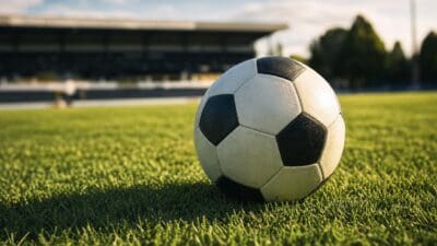 Schwarz-weißer Fußball liegt auf grünem Rasen vor verschwommener Stadiontribüne