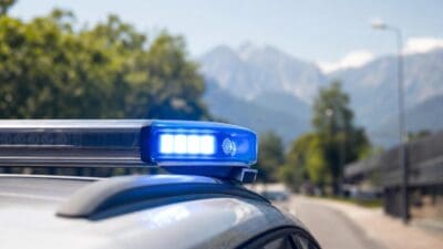 Blaues Blaulicht leuchtet auf dem Dach eines Polizeifahrzeugs vor Bergpanorama.
