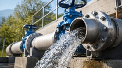 Wasser strömt aus einem Metallrohr mit blauen Absperrventilen an einer Wasseranlage.