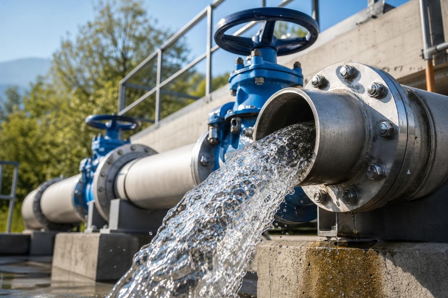 Wasser strömt aus einem Metallrohr mit blauen Absperrventilen an einer Wasseranlage.