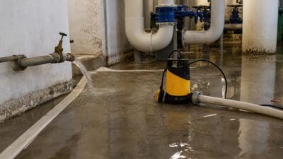 Gelbe und schwarze Tauchpumpe pumpt Wasser aus überflutetem Raum mit Rohrleitungen und Ventilen