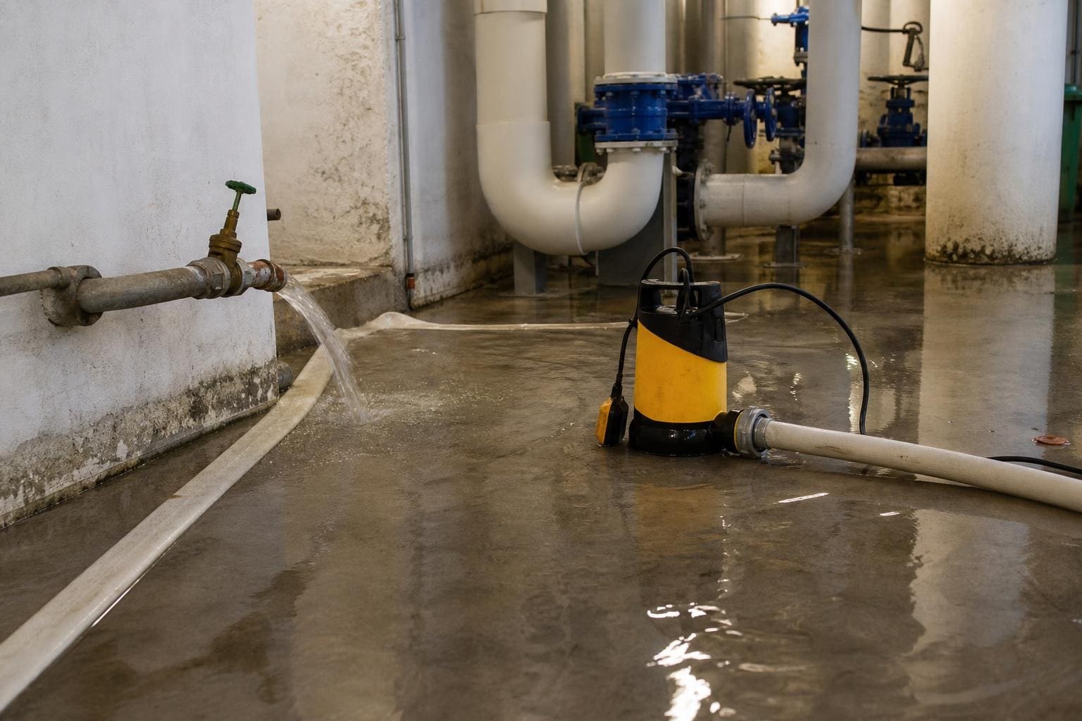 Gelbe und schwarze Tauchpumpe pumpt Wasser aus überflutetem Raum mit Rohrleitungen und Ventilen