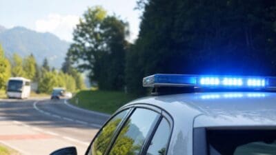 Blaues Blaulicht auf dem Dach eines weißen Polizeifahrzeugs an einer kurvigen Bergstraße