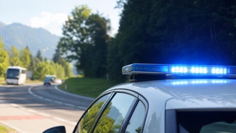 Blaues Blaulicht auf dem Dach eines weißen Polizeifahrzeugs an einer kurvigen Bergstraße