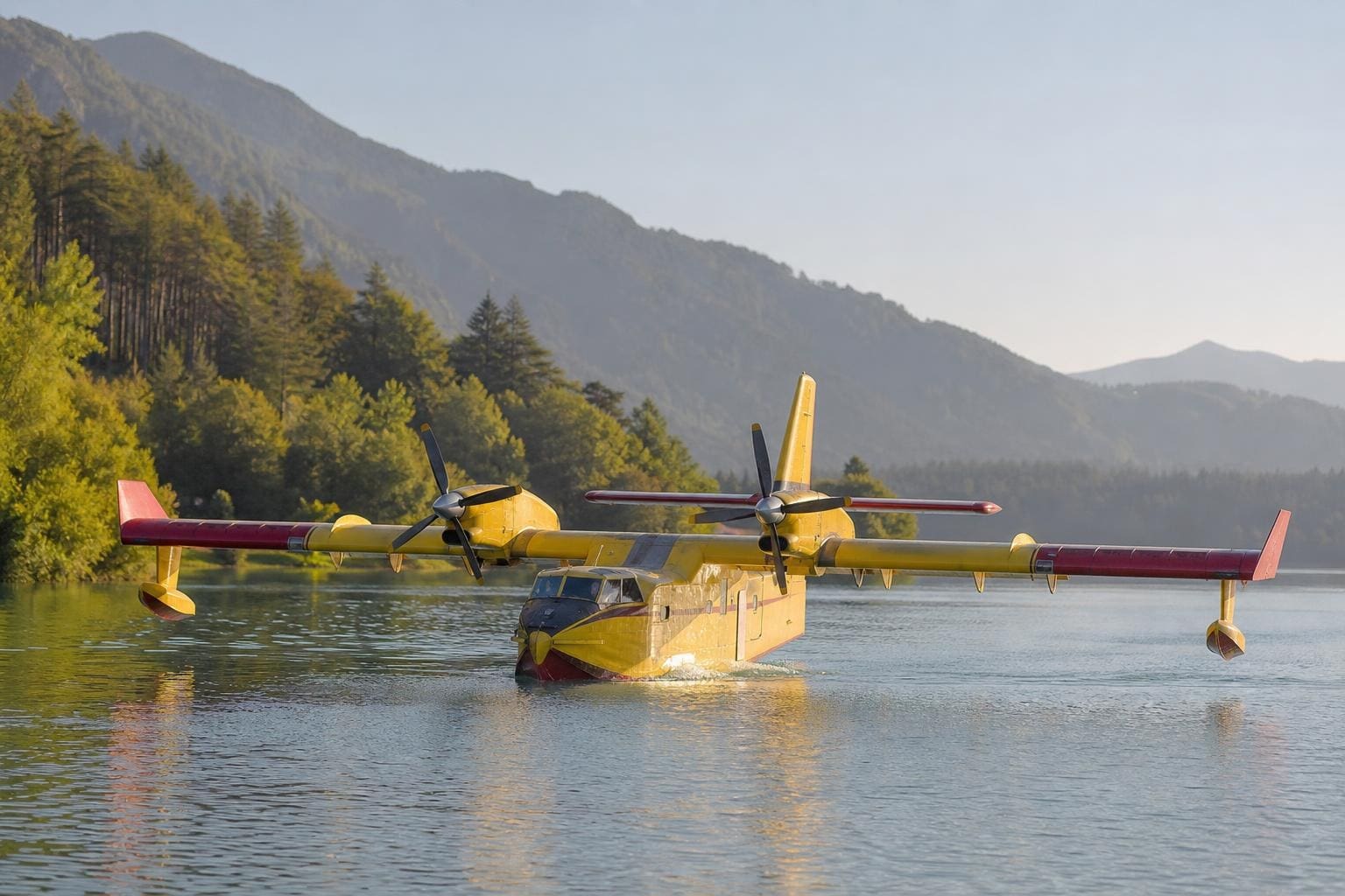 Gelbes Löschflugzeug mit roten Tragflächen auf dem Wasser des Weißensees