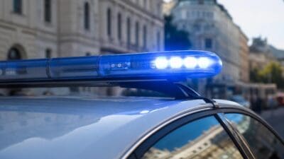 Blaues Blaulicht leuchtet auf dem Dach eines Polizeifahrzeugs vor Gebäuden