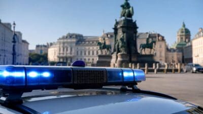 Blaulicht eines Polizeifahrzeugs leuchtet vor einem Platz mit Reiterdenkmal in Wien.