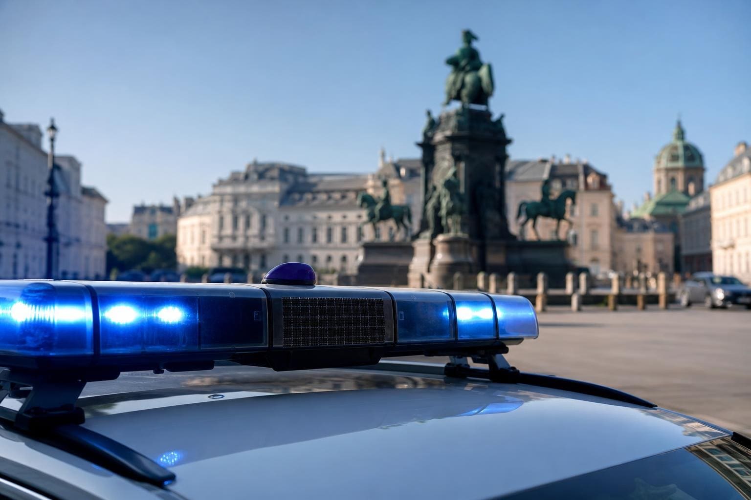 Blaulicht eines Polizeifahrzeugs leuchtet vor einem Platz mit Reiterdenkmal in Wien.