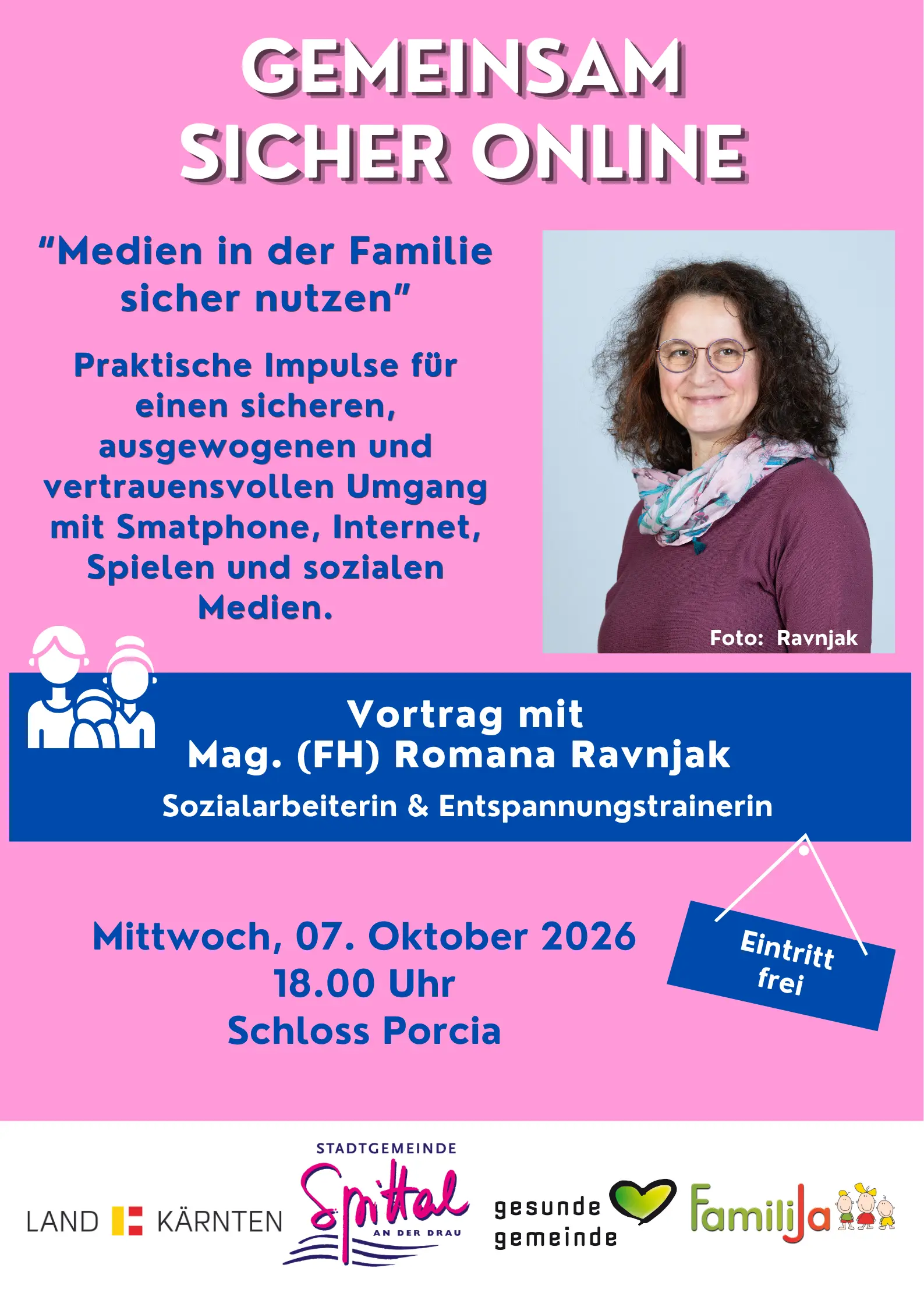 Pinkes Veranstaltungsplakat mit Vortragstitel und Porträt einer lächelnden Frau mit Brille