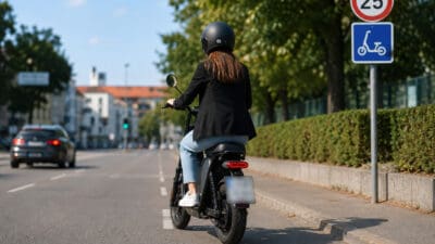Eine Frau mit braunen Haaren und schwarzem Motorradhelm fährt auf einem schwarzen E-Moped auf einer Straße.