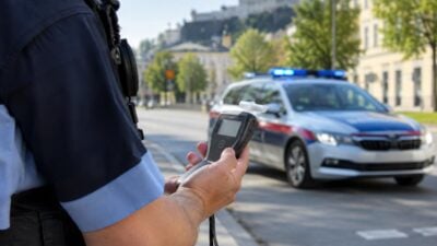 Polizist hält Alkoholmessgerät in der Hand vor Streifenwagen mit Blaulicht