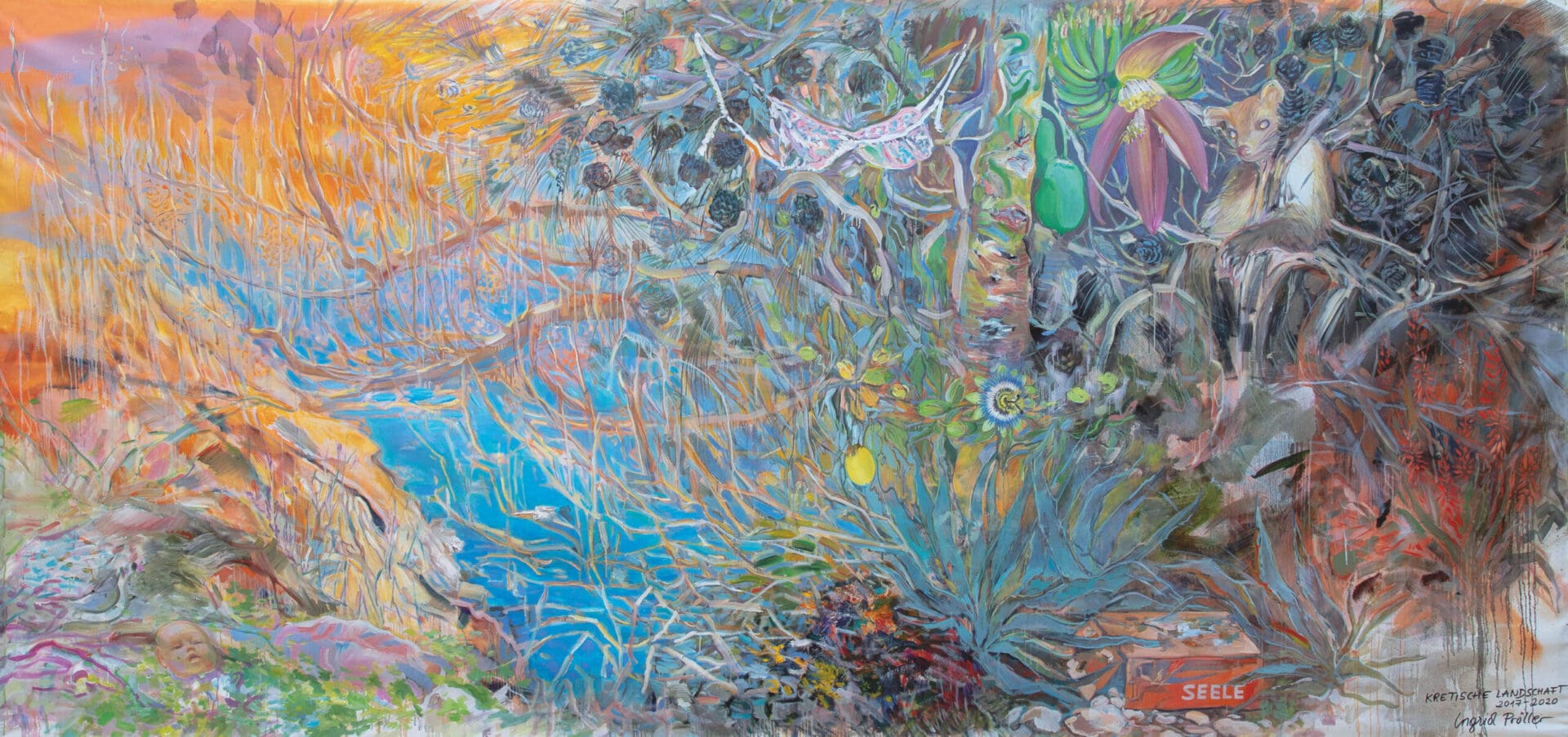 Buntes expressionistisches Gemälde mit einem Baby, einem Fuchs, blauem Wasser und exotischen Pflanzen.