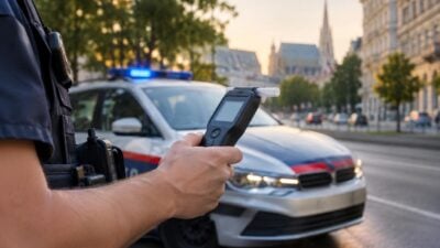 Hand eines Polizisten mit Alkoholmessgerät vor einem Polizeiauto mit Blaulicht.