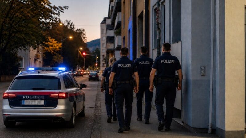 Polizisten in Uniform gehen neben einem Streifenwagen mit Blaulicht zu einem Gebäude.