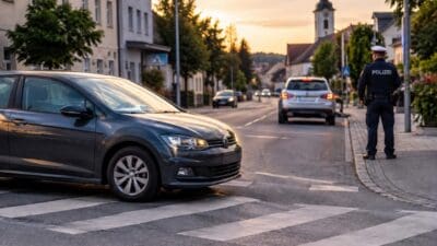 Graues Auto mit Scheinwerfern auf einem Zebrastreifen, Polizist in dunkler Uniform steht daneben.