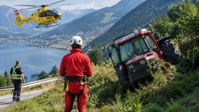 Gelber ÖAMTC-Hubschrauber schwebt über umgestürztem Traktor mit Rettungskräften in Berglandschaft