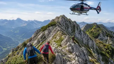Polizeihubschrauber mit Rettungskabel über Wanderern auf einem felsigen Berggrat