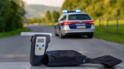 Ein Atemalkoholtester mit Mundstück und Etui vor einem Polizeiauto mit Blaulicht auf einer Landstraße.