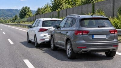 Zwei Autos mit Karosserieschäden nach einem Auffahrunfall auf einer Autobahn.
