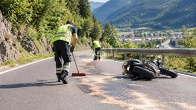 Einsatzkräfte in Warnwesten kehren eine Ölspur auf einer Bergstraße, Motorrad liegt am Boden