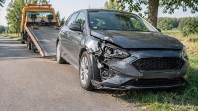 Beschädigter grauer Pkw mit zerstörter Front wird auf Abschleppfahrzeug verladen
