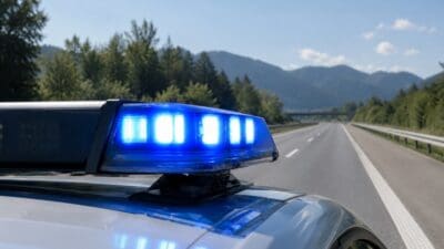 Blaue leuchtende Polizeilichter auf dem Dach eines Streifenwagens auf einer Autobahn mit Bergen im Hintergrund.