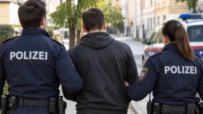 Polizeikräfte begleiten einen Mann auf einer Straße, dahinter steht ein Polizeifahrzeug.