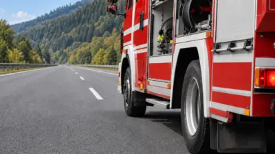 Ein rotes Feuerwehrfahrzeug an einer Straße vor bewaldeten Hügeln.