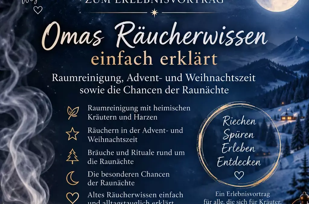 Plakat mit Porträt von Annemarie Herzog und Ankündigung eines Erlebnisvortrags über Räuchern und Raunächte.