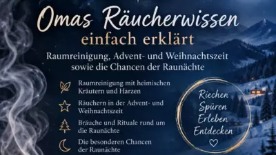 Plakat mit Porträt von Annemarie Herzog und Ankündigung eines Erlebnisvortrags über Räuchern und Raunächte.