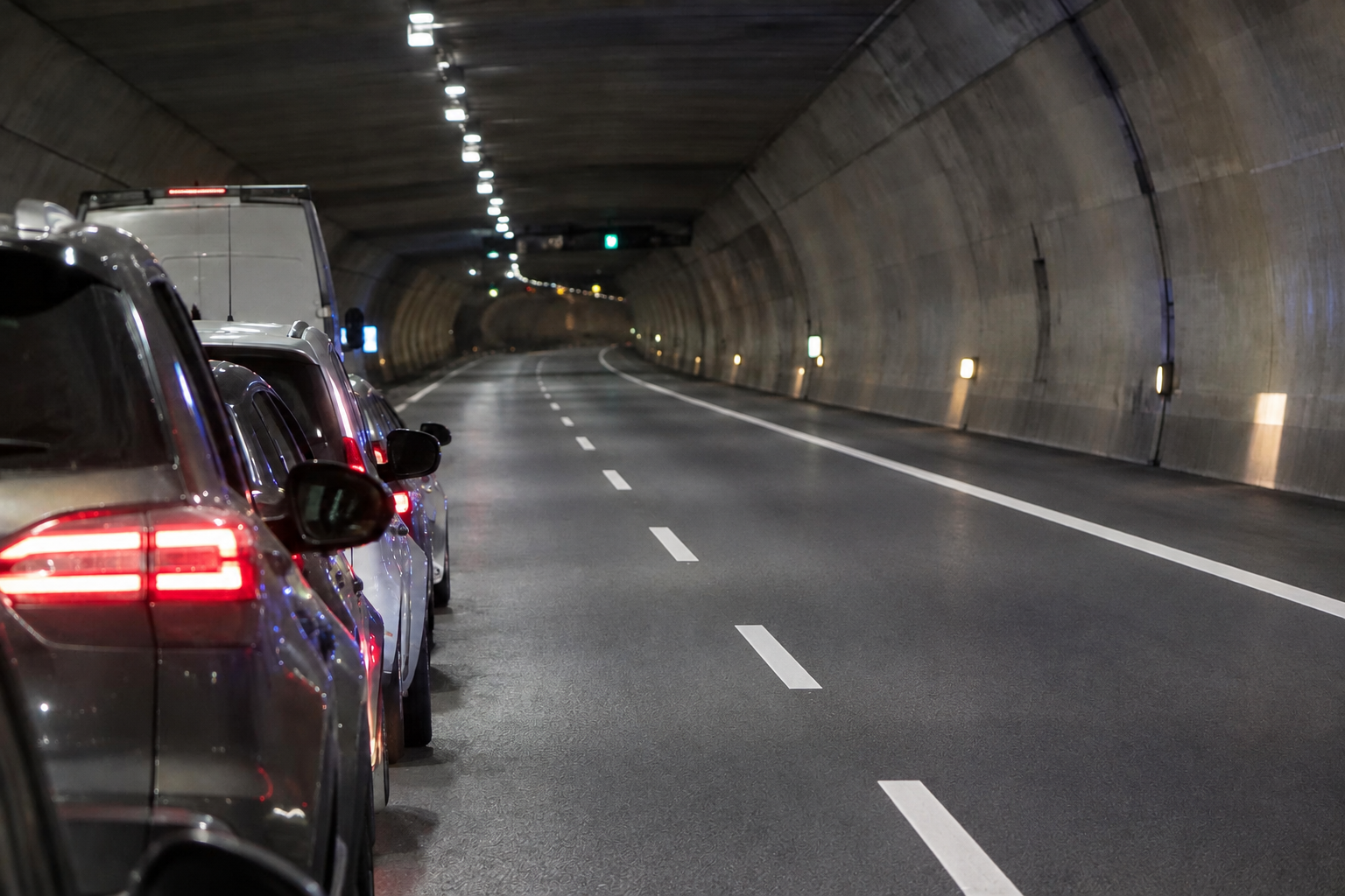 Mehrere Autos mit roten Rücklichtern stehen hintereinander in einem beleuchteten Autobahntunnel.
