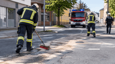 Feuerwehrmann in Schutzkleidung kehrt eine Oelspur auf der Strasse mit einem Besen